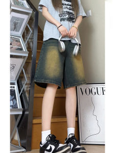 Quần Short Denim Nam American Retro Washed Vintage Mùa Hè Quần Ống Đứng Rộng Rãi Cạp Vừa Quần Jeans Màu Xanh Đậm Năm Phần