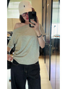 YUEZHONGWEI | Gray One-Shoulder Loose Fit Short Sleeve T-Shirt Women Summer New Style Slimming Baring Shoulder Solid Color Top Korean Style