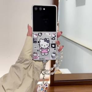 Sanrio | Hello Kitty Sticker Flip Phone Case With Pearl Bead Chain Lanyard Shockproof Hard Cover For Samsung Galaxy Z Flip 3 4 5 6 7 FE 8