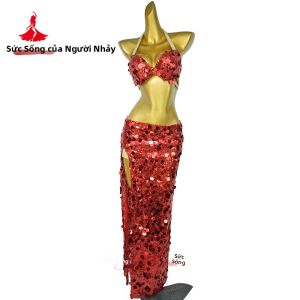 Bộ Trang Phục Múa Bụng Dành Cho Nữ Bộ Áo Ngực Sequin Lớn Và Váy Dài Gợi Cảm 2 Chiếc Bộ Quần Áo Biểu Diễn Múa Phương Đông