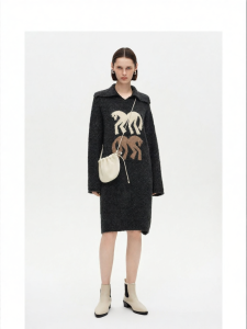 Wool Blend Horse Patterned Dress Gray Turn-down Collar Drop Shoulder