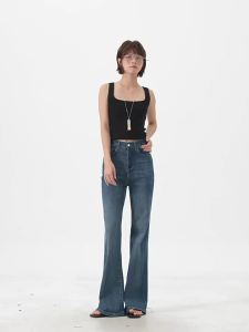 YYNW | Quần Jeans Nữ Ống Loang Xanh Đen Cạp Cao Co Giãn Tôn Dáng Lót Nỉ