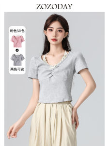 Sweet Short Sleeve T-Shirt Womens New 2024 Summer Neck Hanging Strap Slim Fit Small Size Short Top Lace Element V-neck Butterfly Knot