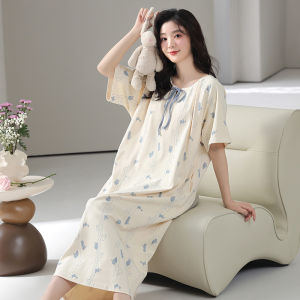 miiow | Pure Cotton Sleep Dress With Chest Pad Womens Summer Breathable Short Sleeve Home Clothes Dress Can Be Worn Outside MiiOW