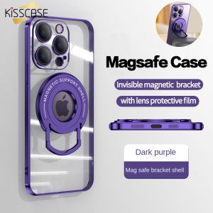 Kisscase Ốp lưng Magsafe trong suốt mạ điện cho iPhone 15 Pro Max bảo vệ toàn bộ tấm dán bảo vệ ống kính bảo vệ ốp lưng sang trọng lật có chân đế giá để điện thoại Apple 15 14 13 12 11 Pro ốp lưng điện thoại nhựa tpu mềm trong suốt