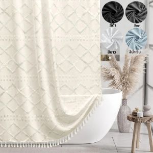 ผ้าม่านอาบน้ําลายเพชรนุ่ม - ผ้ากันน้ําพร้อมพู่ Boho พร้อมตะขอพลาสติก 12 อันสําหรับห้องน้ําสมัยใหม่