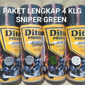 Pilok Cat Diton Premium Paket Lengkap 4 Kaleng Sniper Green Hijau Metalik 9245 Primer Grey 9120 Silver 9124 Clear Gloss 9128 400cc Pilox Paketan Cat Semprot Special Spray Paint