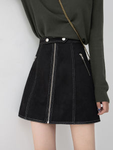 Váy Ngắn Cạp Cao Bằng Da Lộn Màu Đen Cho Nữ Váy Chữ a Có Túi Khóa Kéo Thiết Kế Mùa Thu 2025 Váy Ngắn Bằng Polyester