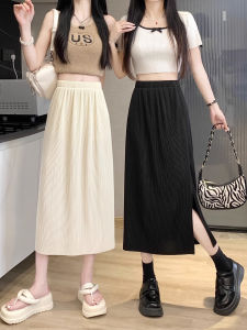 2025 New Womens Pleated A-Line Midi Skirt High Waist Elastic Summer Mini Skirt Drapey Slit Korean Style Polyester Fabric