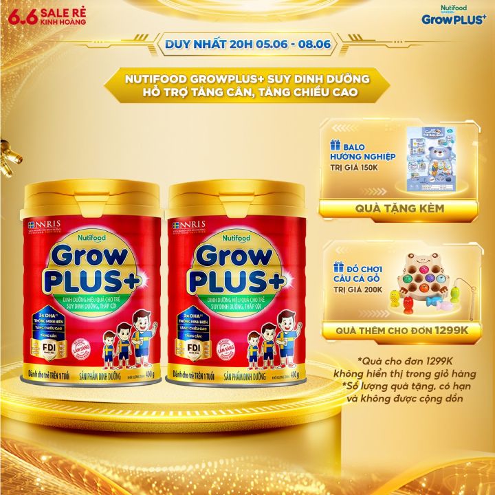 Combo 2 Sữa Bột Nutifood GrowPLUS+ Suy Dinh Dưỡng 400g - Hỗ Trợ Tăng Cân, Tăng Chiều Cao - Trên 1 Tuổi (2 Lon x Lon 400g)