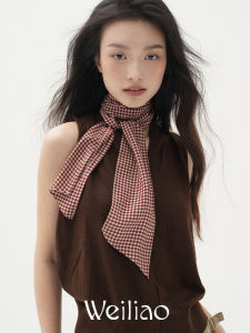 Basic Weiliao Chrysanthemum Plaid Scarf Versatile Black Red Brown Spring French Checkered Silk Scarf Ribbon for Women