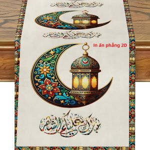 VIKAMA Trăng Lưỡi Liềm Đầy Màu Sắc & Thư Pháp Ả Rập Ramadan Table Runner Trang Trí Bàn Ăn Bằng Vải Lanh Cho Bữa Tiệc Lễ Hội Của Người Hồi Giáo