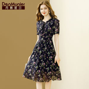 Danmunier French Print Chiffon Dress Womens Summer New Elegance Feminine Waist Cinched A-Line Skirt Business City Commute