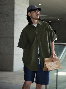 Loose Fit Mens Casual Shirt Short Sleeve Retro Japanese Style Green Cotton Breathable Summer Shirt with Patch Pocket for Commuting