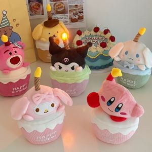 Cute Birthday Cake Shape Music Plush Doll with Glowing Candles Doll Soft Stuffed Toy My Melody Kuromi