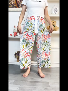 (SG Seller) Women Long Pants Summer Cotton Silk Sleepwear Women Wide leg Pants Thin Women Pajamas Printed Loose Sleeping Bottoms Viscose Pants Calf Length Pants Lounge Home Wear Free Size Pants Home Pants Women Shorts