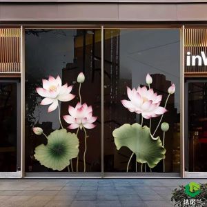 Chinese Style Lotus Leaf Static Cling Sticker Transparent Glass Tea Shop Indoor Baseboard Window Display Decorations