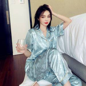 Summer Thin Short Sleeve Long Pants Silk Sleepwear Womens Loose Comfortable Home Clothes High Aesthetic Value New Style