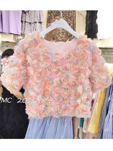 French Elegant Fairy Court 3D Flower Short Sleeve Womens T-shirt Korean Style Loose Mesh Shirt Summer Commute Lace Shirt