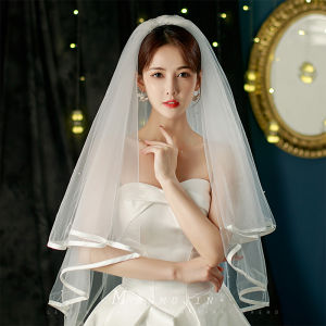 Manmu Jin Double Layer Satin Edge Bridal Veil Travel Photo Wedding Headwear Pearl Headband Soft Tulle Wedding Accessory