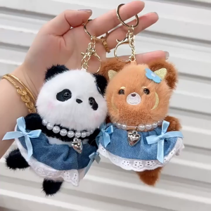 พวงกุญแจตุ๊กตาสัตว์ตัวเล็กเต้นรำกระโปรงยีนส์น่ารัก 14 ซม. พวงกุญแจหมีแพนด้า จิ้งจอก กระต่าย จี้กระเป๋าตุ๊กตาการ์ตูน