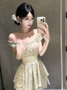 French Style Unique Beautiful Floral Print Tea Break Short Skirt Sweet Strapless Dress Soft Medium Elasticity Summer Dress