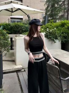NINGXI | Casual Loose Sporty Halter Top & High Waist Wide Leg Pants Set