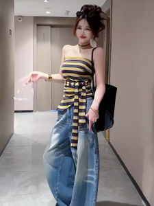 Áo ống sọc thời trang dành cho nữ phong cách mới xẻ tà