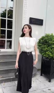 Chân váy xòe dáng dài 85cm có túi hai bên khóa kéo sau kiểu dáng đơn giản cá tính phong cách sang trọng