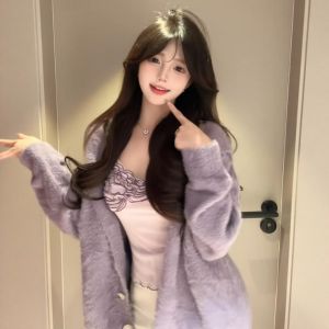 CHANGTONG | Bộ Trang Phục Tím Độc Đáo Dành Cho Tuổi Trẻ Áo Sweater & Áo Thun 2 Món