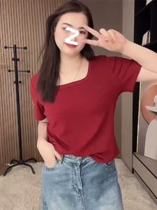 plus Size Womens Summer New Style T-Shirt Cover Belly Short Sleeve Square Collar Slimming Effect Korean Version Commute Pure Color