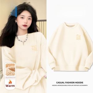 Jeanswest Womens Thickened Fleece Lined Hoodie Loose Fit Lamb Velvet Autumn Winter New Style round Neck Long Sleeve Streetwear