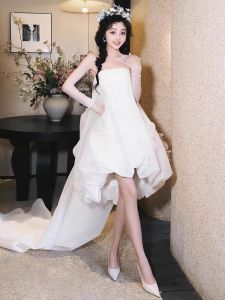 Elegant French Style Short Front Long Back Satin Wedding Dress Bridesmaid Gown Formal Evening Party Dress in White