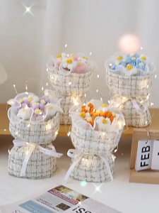 Keranixy Hand Knitted Puff Flowers Hand-woven Crochet Bouquet LED Light Decorative Floral Birthday Present Hadiah