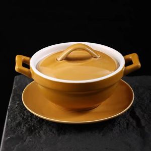 One-Person Ceramic Ceramic Seafood Abalone Soup Bowl Double-Eared Small Sand Pot Cooking Utensils Hotel Dining Set KangShu
