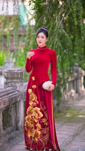 Áo Dài Chất Liệu Nhung The Cao Cấp Hàng May + Thêu Thủ Công Tỉ Mỉ Từng Áo - D16 Màu Đỏ Thuần