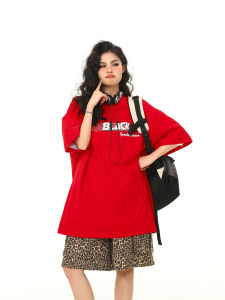 Wild Azi American Style Vintage Letter Print Atmosphere Red Short-Sleeved T-shirt Baby Boy and Girl Summer Trendy Loose Tee