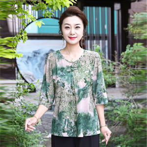 Spring Summer Loose Mommy Style Shirt Five Sleeve Loose T-Shirt Womens Top for 50 Years Old And above Floral Print Commute Simple