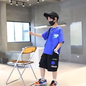 Boys clothing 2023 new high-end shirt 3-12 year old boys and girls fashionable and handsome short sleeved shorts two-piece set
