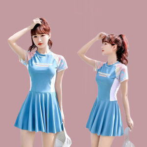 『SPRAY』Womens one-piece Swimsuit Conservative spa skirt swimsuit one-piece sunblock womens short-sleeved 泳衣女装保守Split swimsuit for female summer students conservative belly covering and slimming one-piece skirt style swimming beach swimsuit