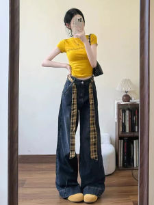 CHENDAYU | American Spicy Girl Summer Fitted Letter Print T-Shirt High-end Wide-leg Jeans Set
