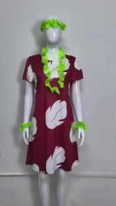 Lilo Cosplay Costume Pelekai Red Lilo Dress with Hawaiian Leaf Flower Leis Accessories Flower Hair Clip Halloween Party Cosplay