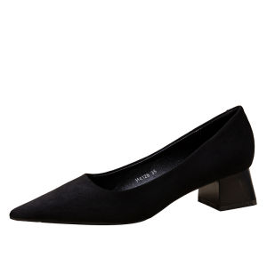 Black Commuter High Heels Womens Comfortable Work Shoes Sharp Pointed Toe Chunky Heel Single Shoes Not Tiring All Day Long