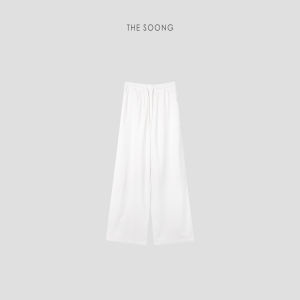 TheSoong Minimalist Classic White Thin Drawstring Cotton Linen Casual Pants Womens High Waist Straight Leg Trousers