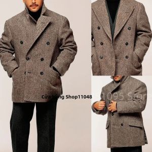 Áo Blazer Nam Dáng Ôm Chất Liệu Tweed Kẻ Xương Cá Kiểu Dáng Lịch Sự Vest Công Sở Áo Khoác Vest Hai Hàng Khuy Vest Chú Rể Áo Khoác Ngoài