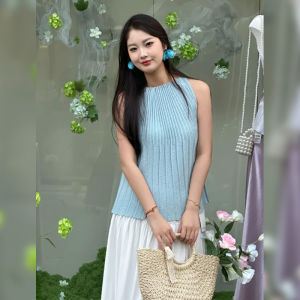 BINKAFENNY | French Elegant Blue Halter Neck Vest Women Summer Design Unique Sleeveless Top Pure Color Beautiful Cardigan Style Commute Fashion