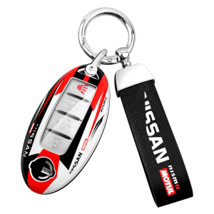 Racing Sport Style ABS Smart Car Key Fob Shell Case Holder Chain TPU Buttons Protection for Nissan Almera Navara NP300 X-Trail Terra Kicks e Power Sylphy Teana LEAF Juke Note Patrol Qashqai Pulsar Serena Remote Cover Holder Protector Keychain