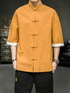 Summer Mens Short Sleeve Shirt Large Size Cotton Linen Five-Button Ancient Chinese Costume Hanfu Retro Zhongshan Suit