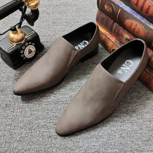 New Korean Style Mens Pointed Toe Leather Shoes Breathable Wedding Shoes Brown Slip-On Casual Leather Shoes for Hairstylists