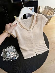Moxueer | Áo Thun Mùa Hè Cổ V Size Lớn Ren Đục Lỗ